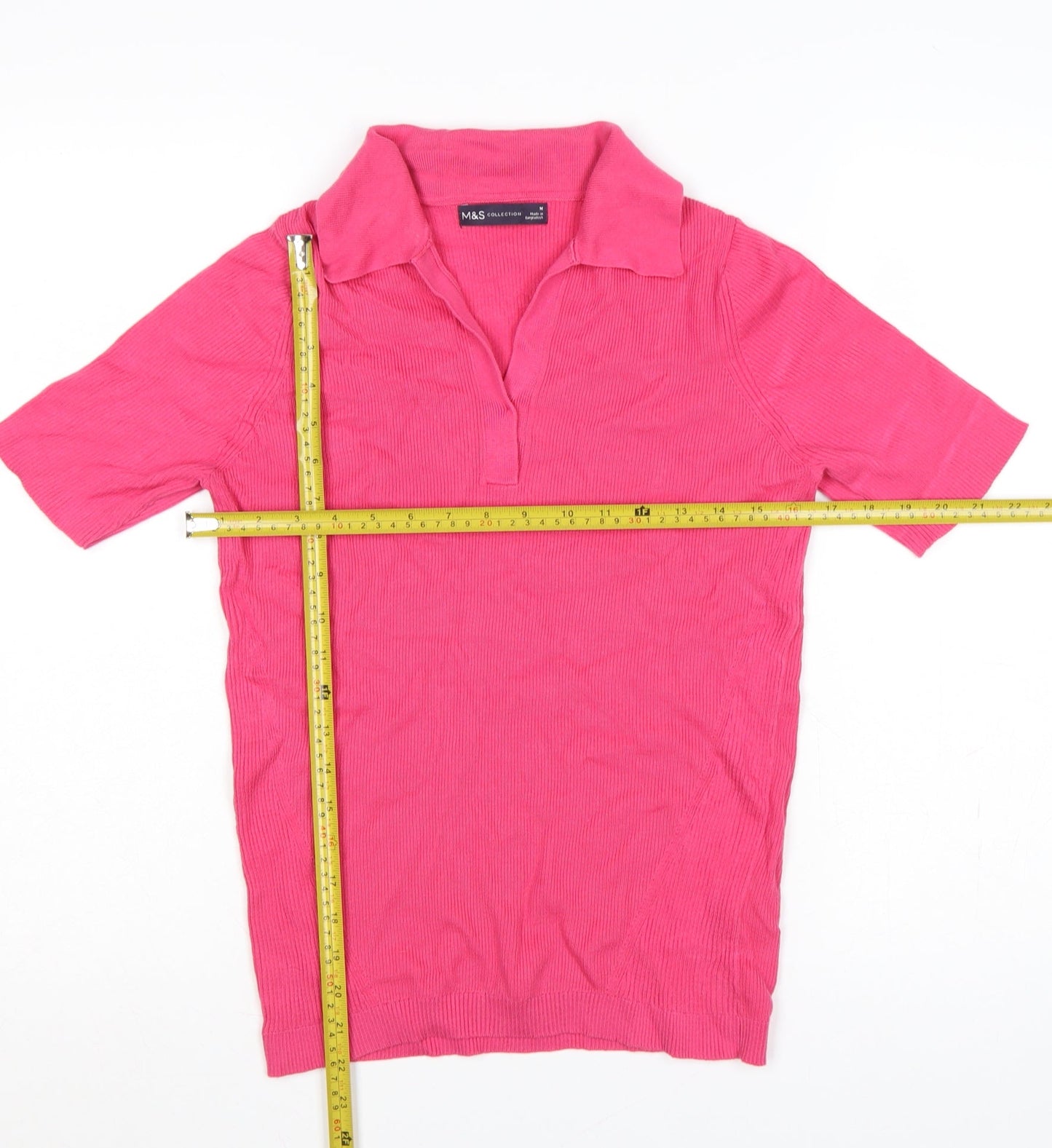 Marks and Spencer Women Pink M Ribbed Knit Short Sleeve Polo Top