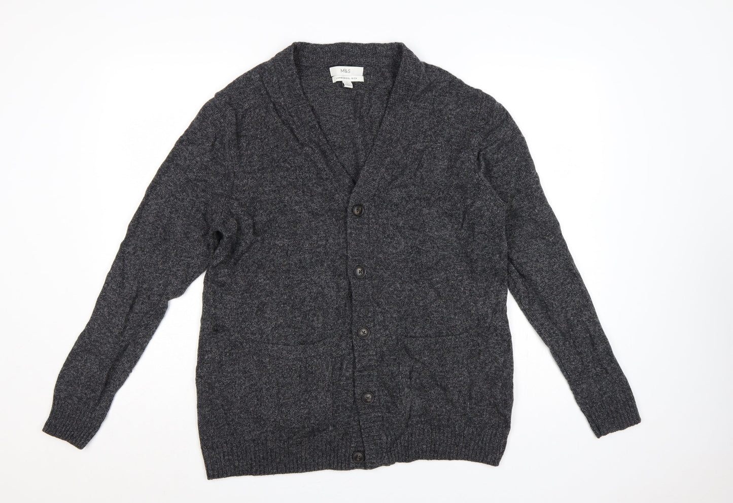 Marks and Spencer Men Grey Large Lambswool Rich Button Cardigan