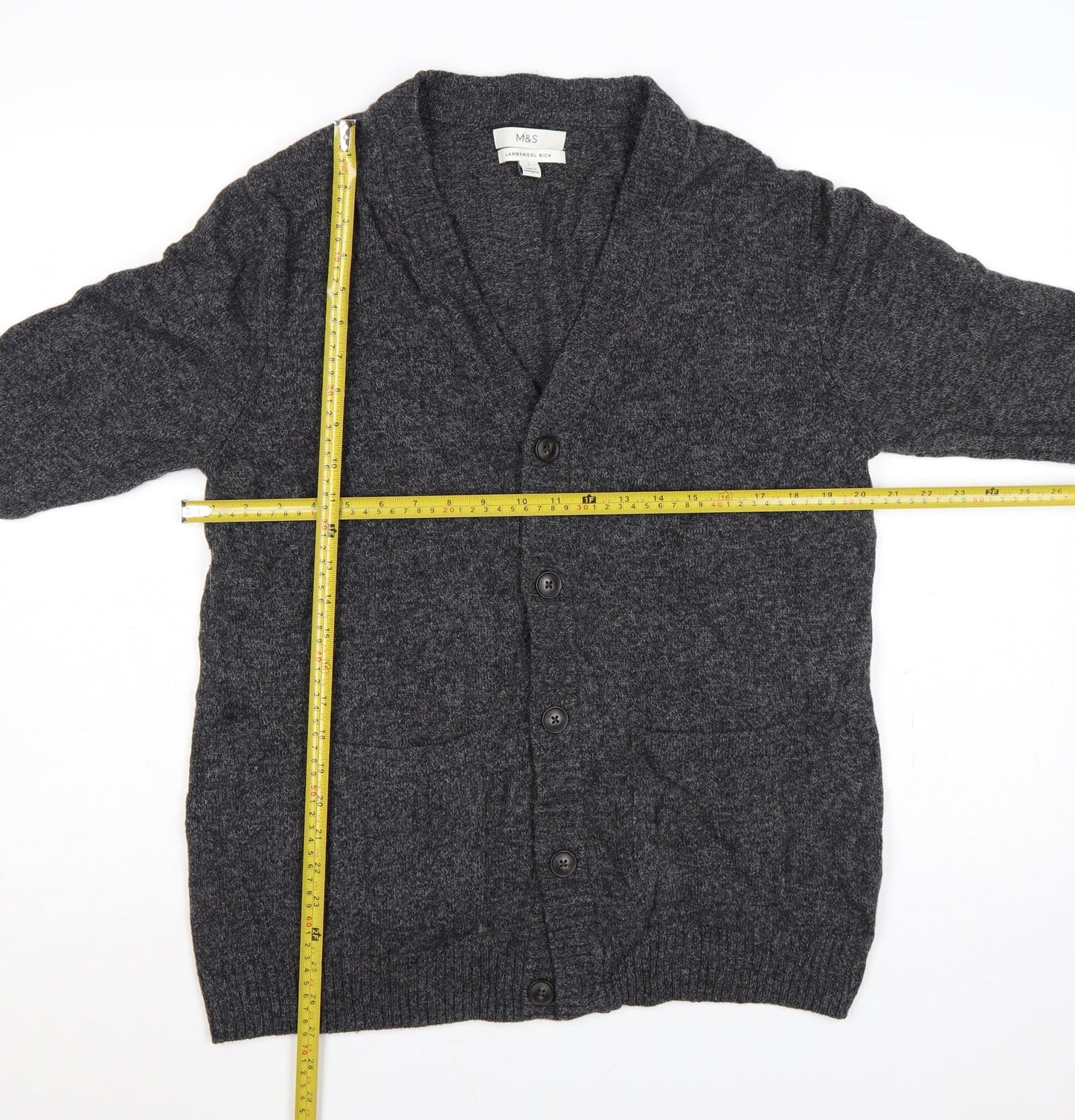 Marks and Spencer Men Grey Large Lambswool Rich Button Cardigan