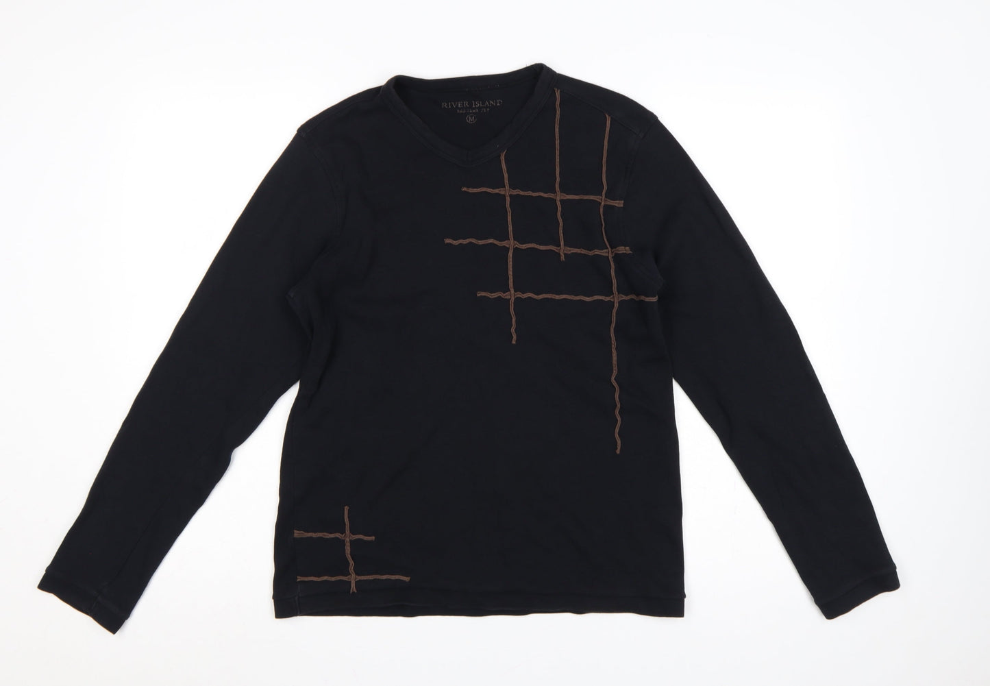 River Island Men’s Black M Long Sleeve Embroidered V-Neck T-Shirt