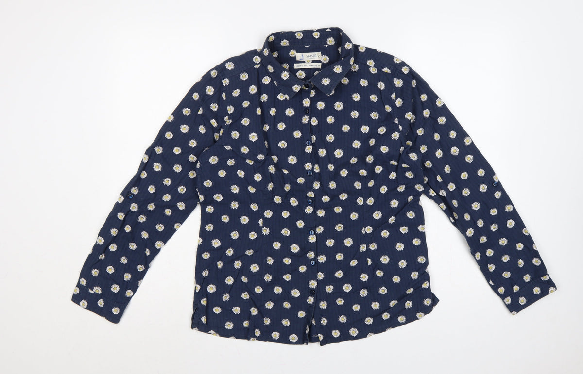 Seasalt Women Blue Daisy Floral Long Sleeve Button-Up Shirt UK 12
