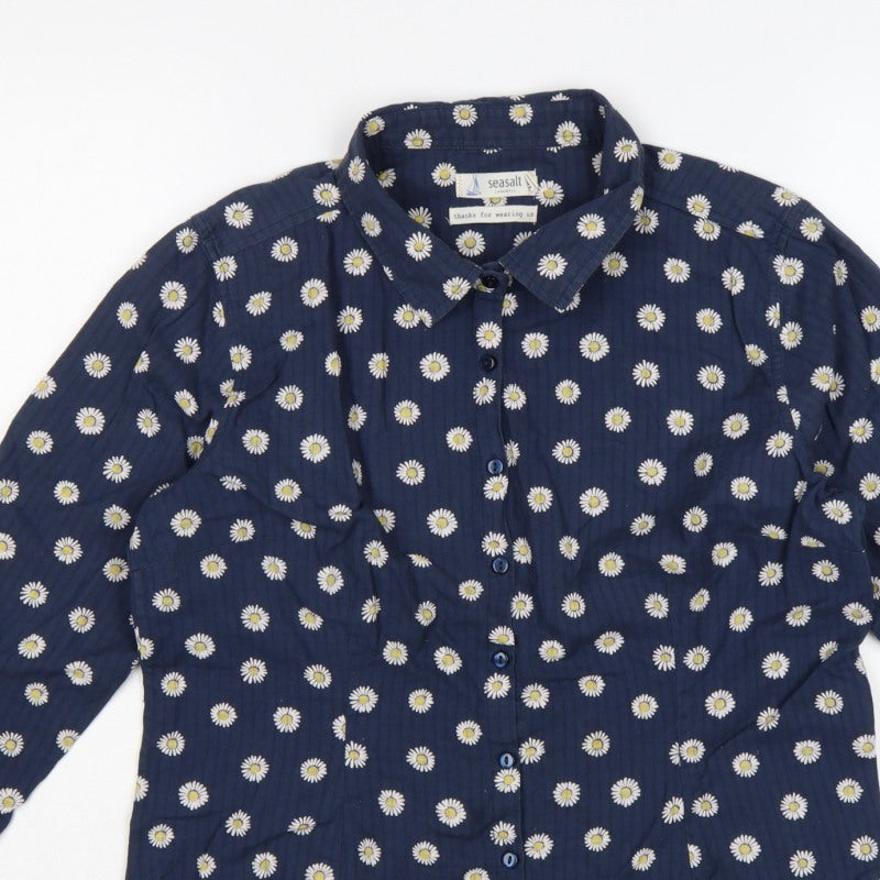Seasalt Women Blue Daisy Floral Long Sleeve Button-Up Shirt UK 12