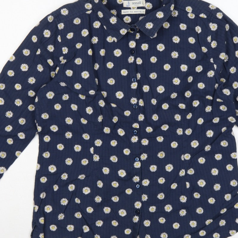 Seasalt Women Blue Daisy Floral Long Sleeve Button-Up Shirt UK 12