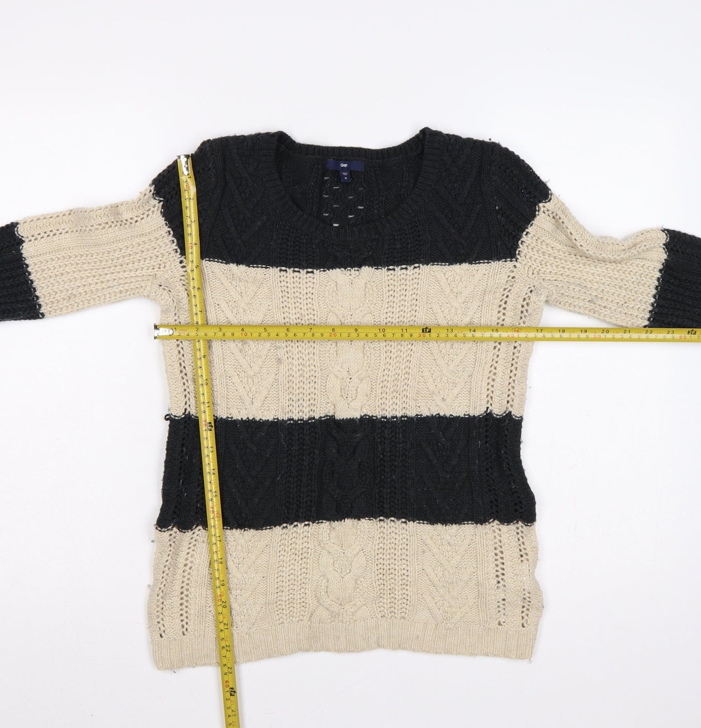 Gap Women’s Black Beige M Cable Knit Striped Crew Neck Jumper