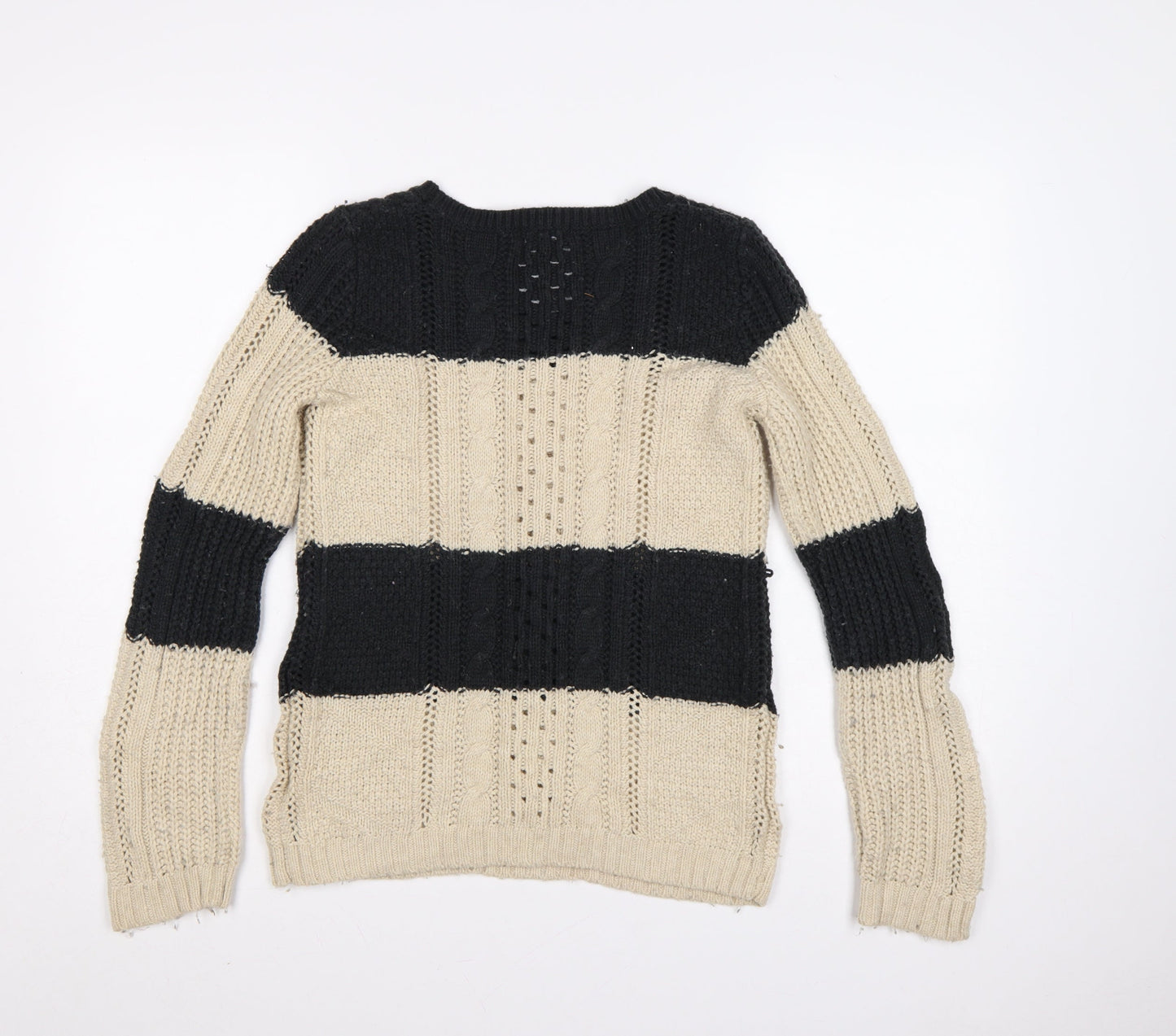 Gap Women’s Black Beige M Cable Knit Striped Crew Neck Jumper