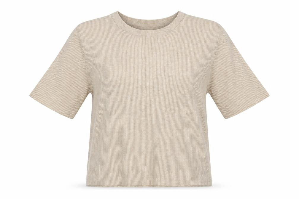 Marks & Spencer Women Beige L Ribbed Knit Puff Sleeve Top