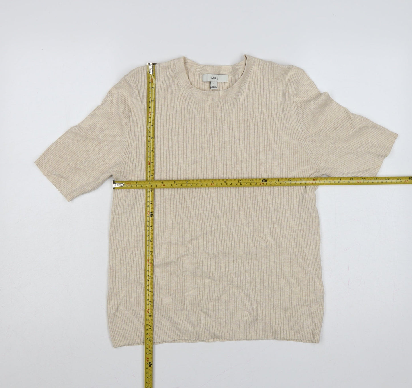 Marks and Spencer Women Beige L Ribbed Knit Puff Sleeve Top