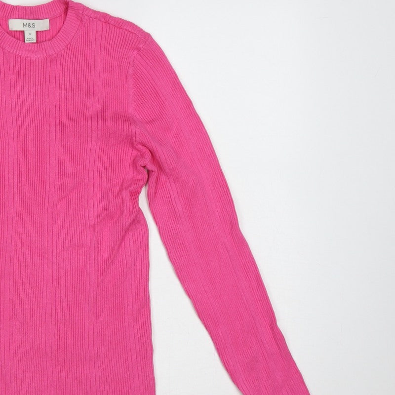 Marks and Spencer Women Pink Size 12 Ribbed Knit Crew Neck Jumper