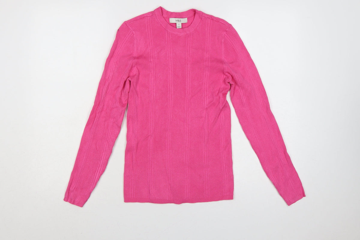 Marks and Spencer Women Pink Size 12 Ribbed Knit Crew Neck Jumper
