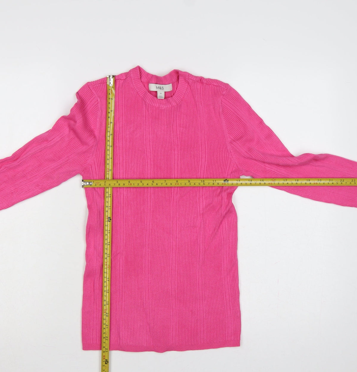 Marks and Spencer Women Pink Size 12 Ribbed Knit Crew Neck Jumper