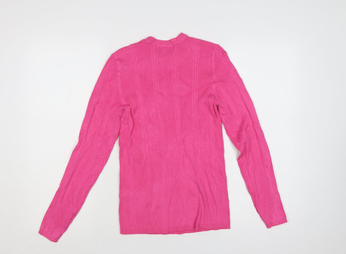 Marks and Spencer Women Pink Size 12 Ribbed Knit Crew Neck Jumper