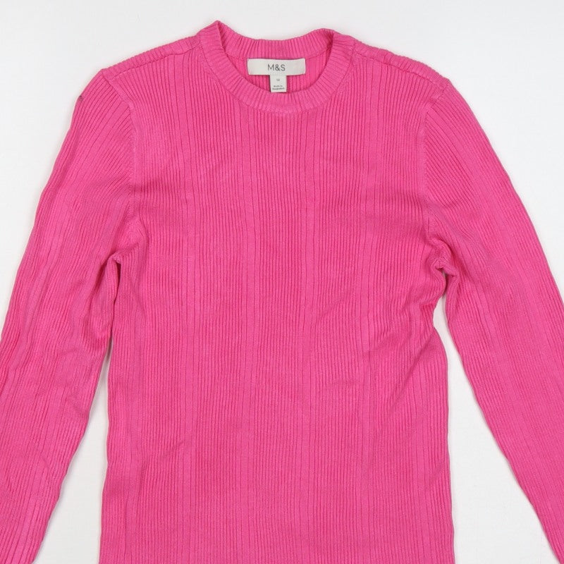 Marks and Spencer Women Pink Size 12 Ribbed Knit Crew Neck Jumper