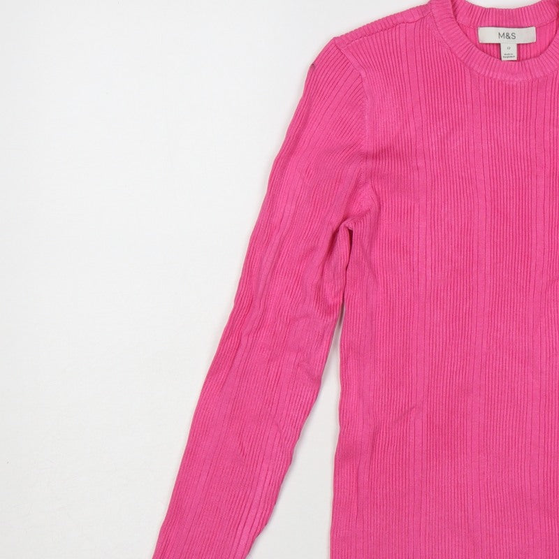 Marks and Spencer Women Pink Size 12 Ribbed Knit Crew Neck Jumper