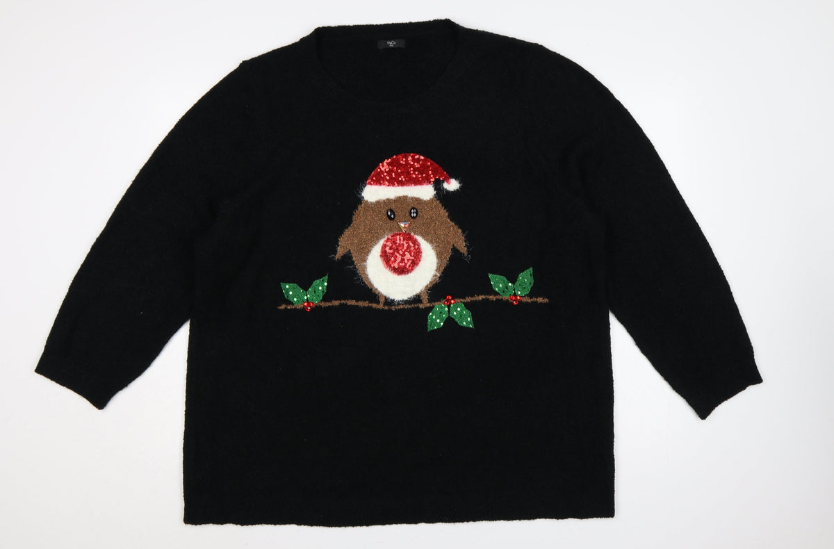 M&Co Women’s Black Size 28 Christmas Robin Sequin Knit Jumper