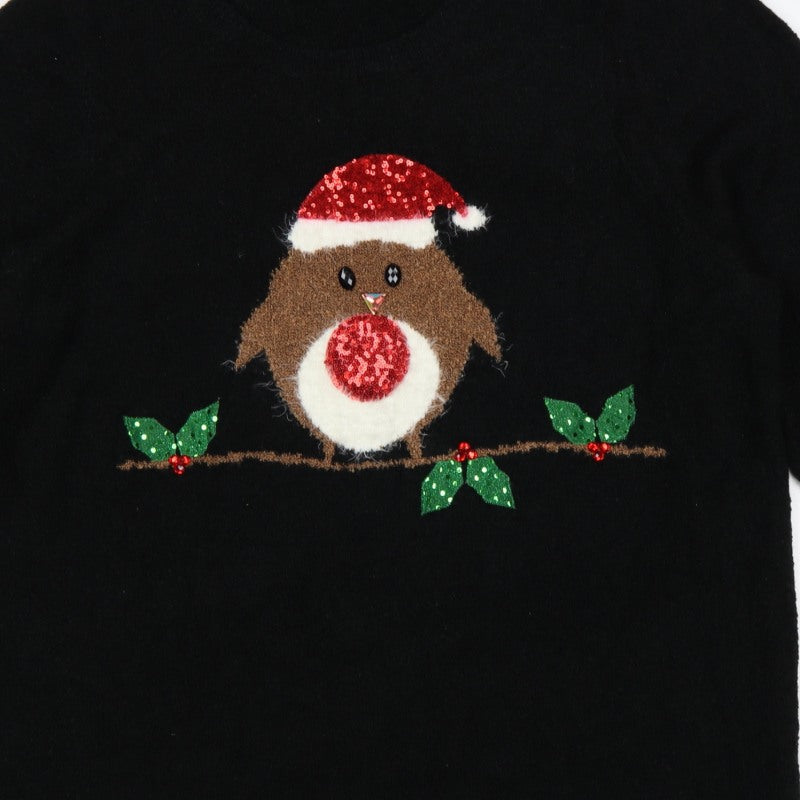 M&Co Women’s Black Size 28 Christmas Robin Sequin Knit Jumper