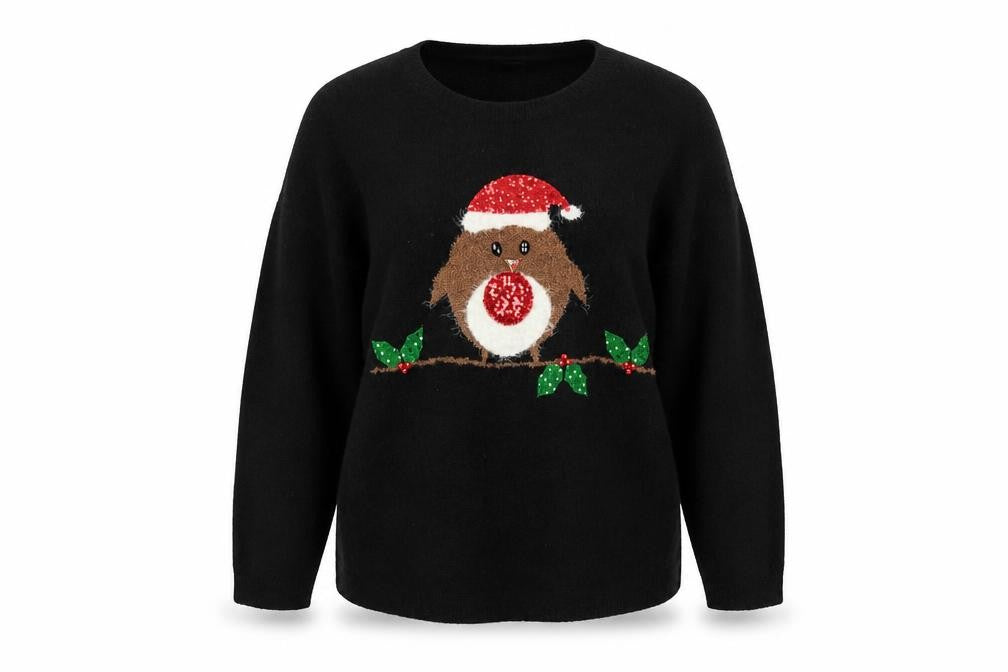 M&Co Women’s Black Size 28 Christmas Robin Sequin Knit Jumper