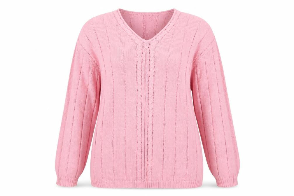 Jumper Women’s Pink XL Cotton Cable Knit V-Neck Pullover