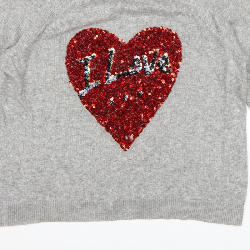 H&M Women Grey UK 16 Sequin Love Heart Crew Neck Knit Jumper
