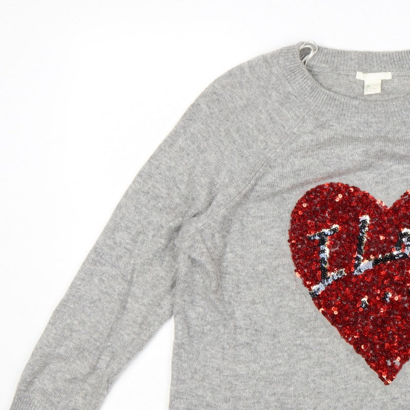 H&M Women Grey UK 16 Sequin Love Heart Crew Neck Knit Jumper