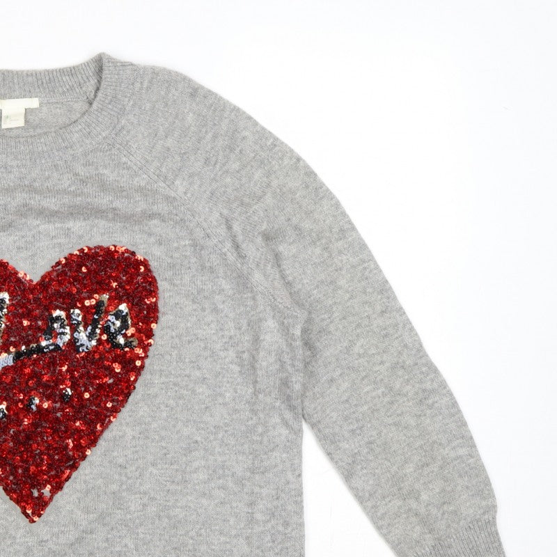 H&M Women Grey UK 16 Sequin Love Heart Crew Neck Knit Jumper