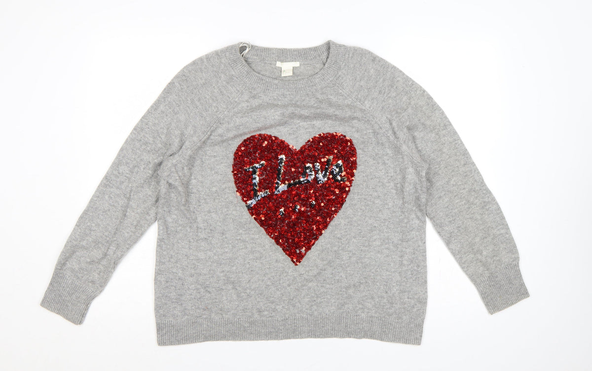 H&M Women Grey UK 16 Sequin Love Heart Crew Neck Knit Jumper