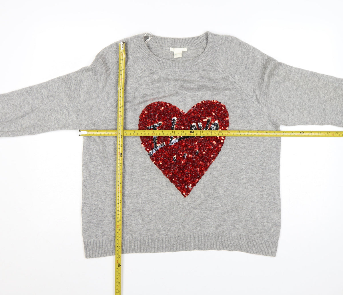 H&M Women Grey UK 16 Sequin Love Heart Crew Neck Knit Jumper