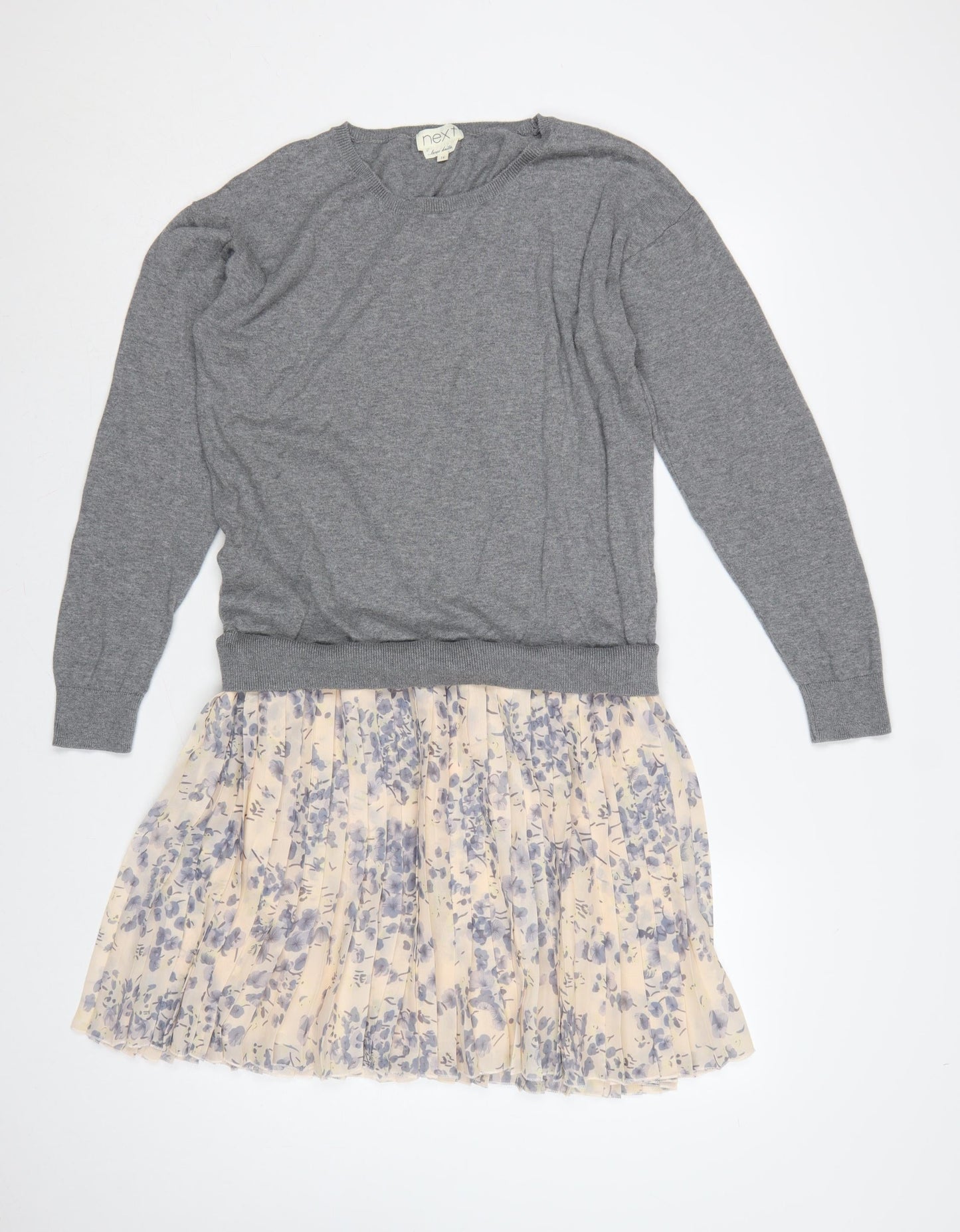 Next Women Grey Floral Pleated Jumper Dress UK 16 Long Sleeve