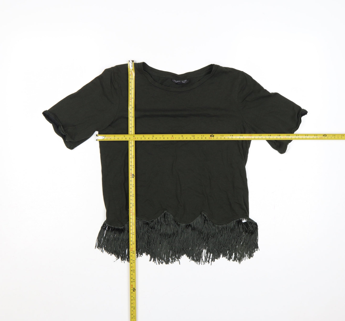 Topshop Women Black UK 8 Fringe Hem Short Sleeve Jersey T-Shirt