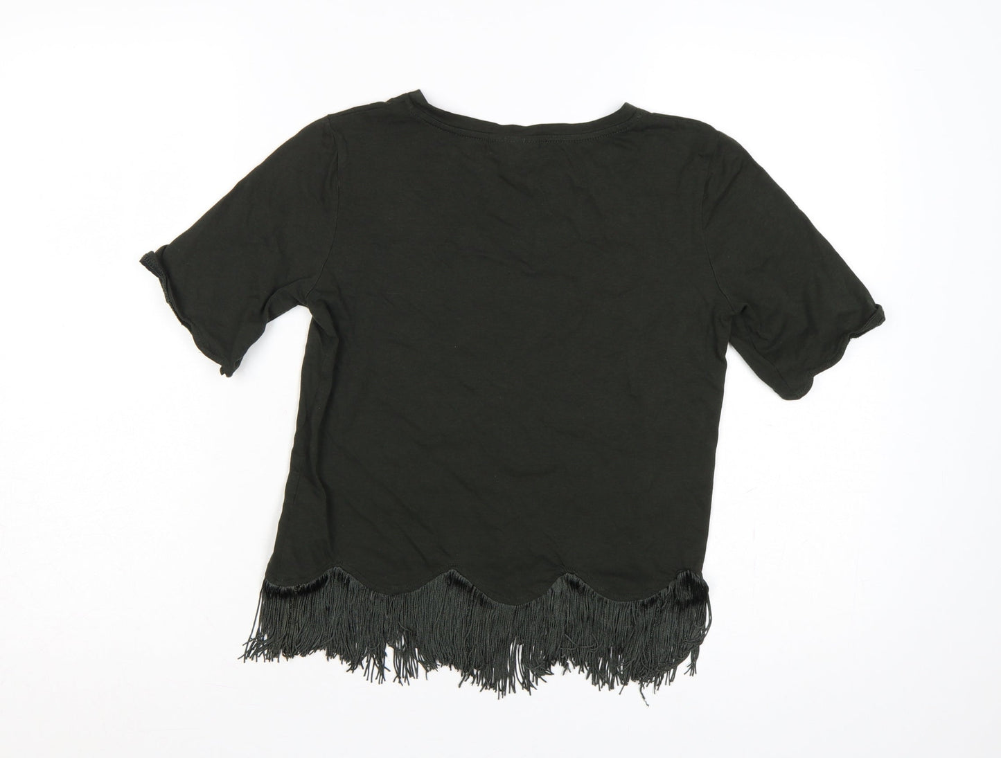 Topshop Women Black UK 8 Fringe Hem Short Sleeve Jersey T-Shirt