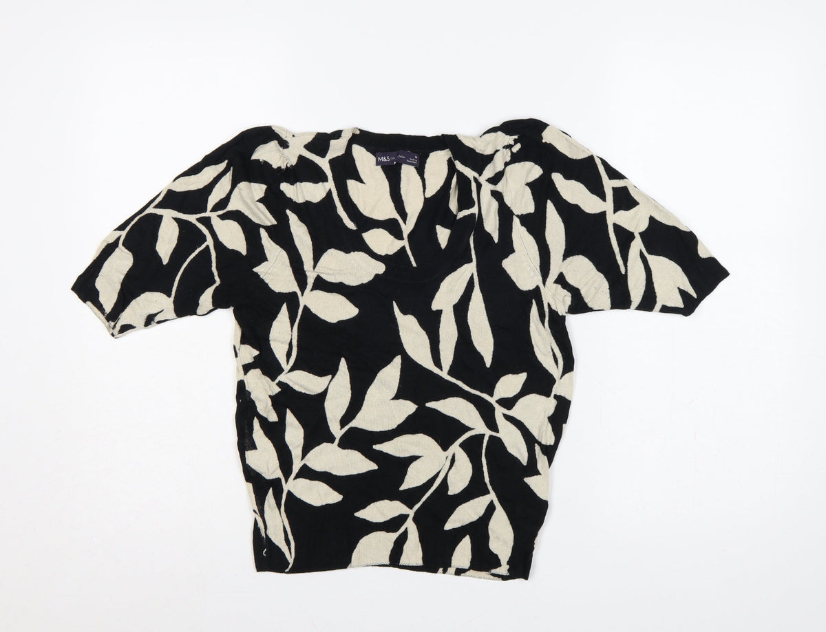 Marks & Spencer Women Black UK 10 V-Neck Floral Knit Jumper
