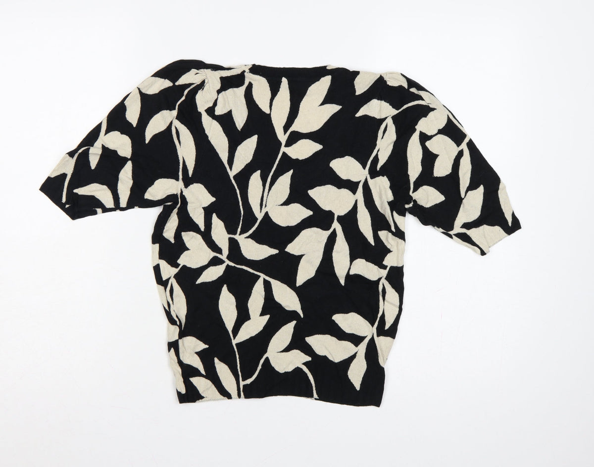 Marks & Spencer Women Black UK 10 V-Neck Floral Knit Jumper