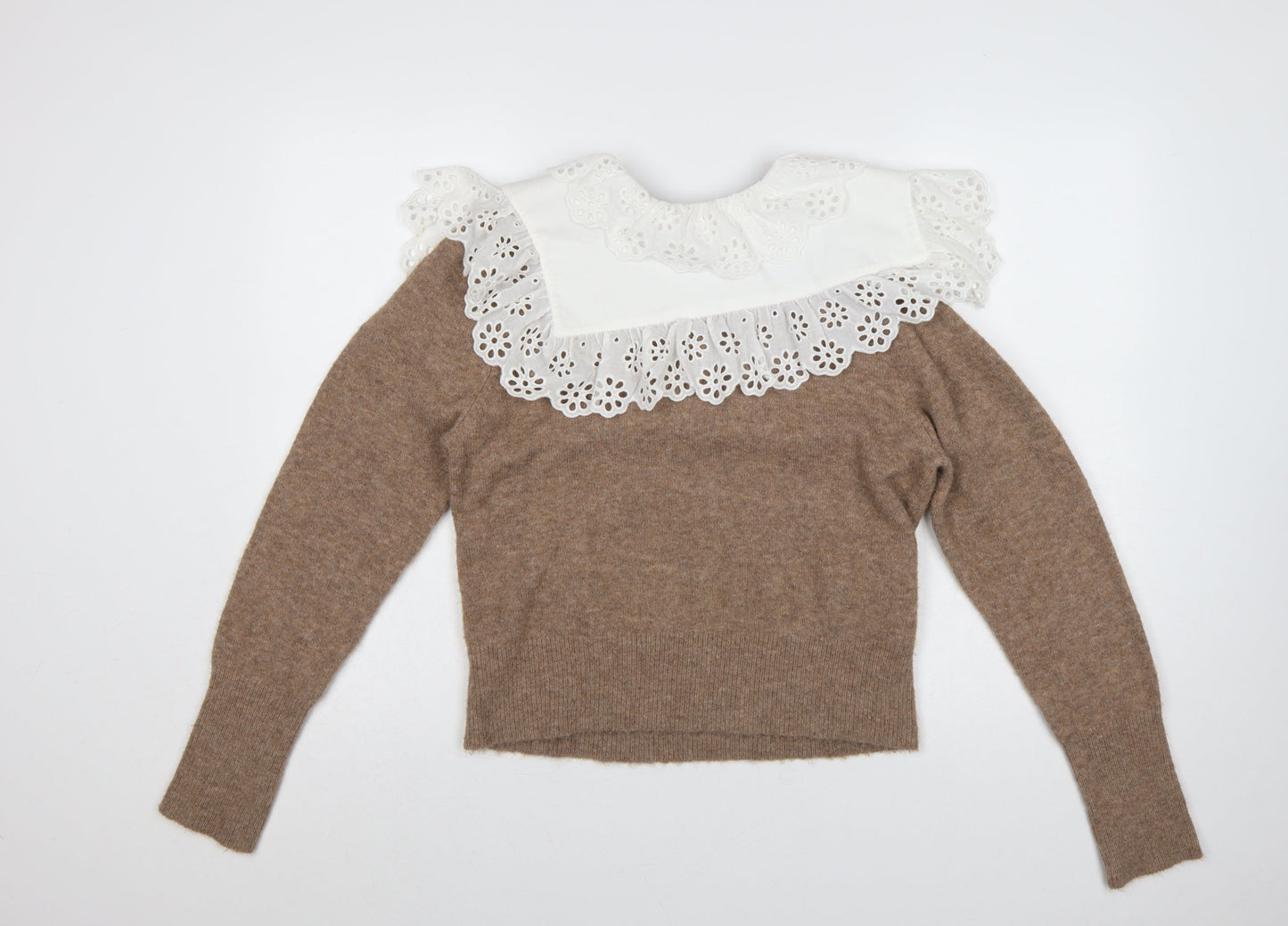 Zara Women Brown UK 12 Camel Blend Knit Jumper Lace Ruffle Collar