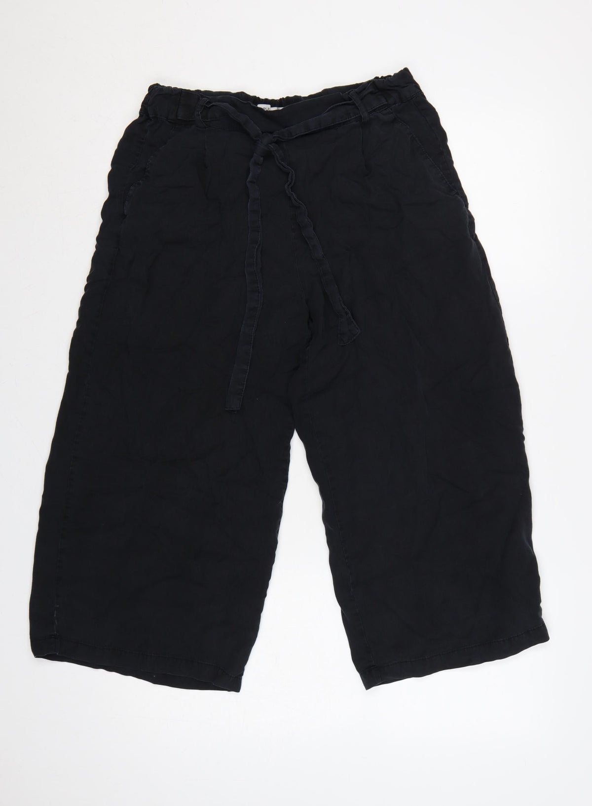 Pull&Bear Women Black S Cropped Wide-Leg Paperbag Tie Trousers