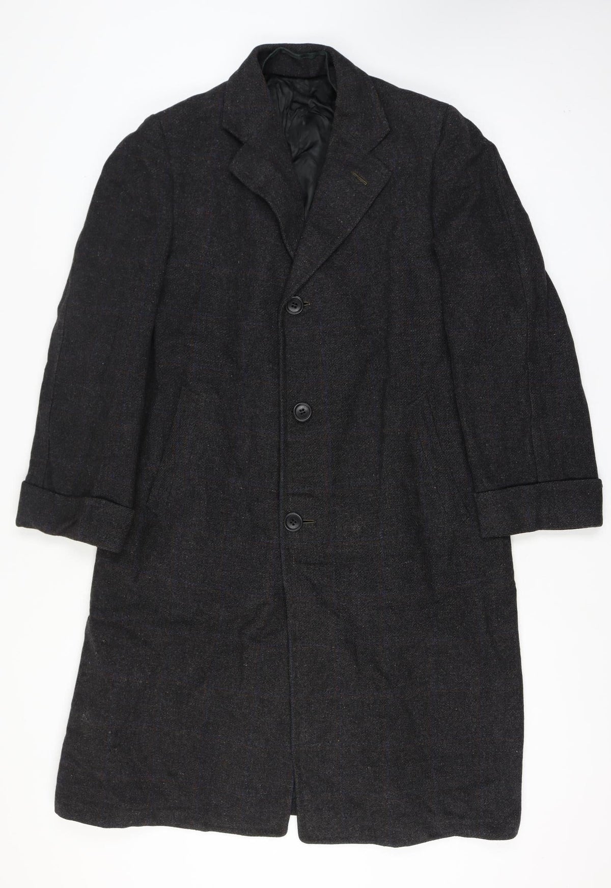 Manchester Clothes Men’s Chest 44 Black Checked Tweed Long Overcoat Vintage