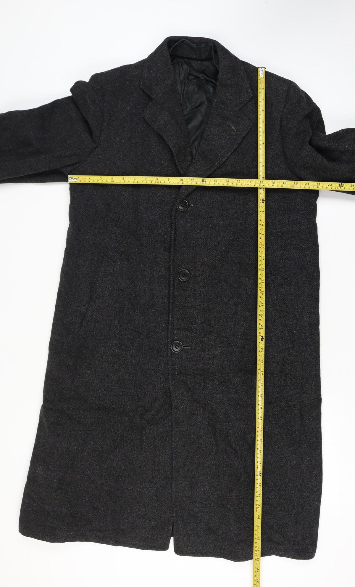 Manchester Clothes Men’s Chest 44 Black Checked Tweed Long Overcoat Vintage
