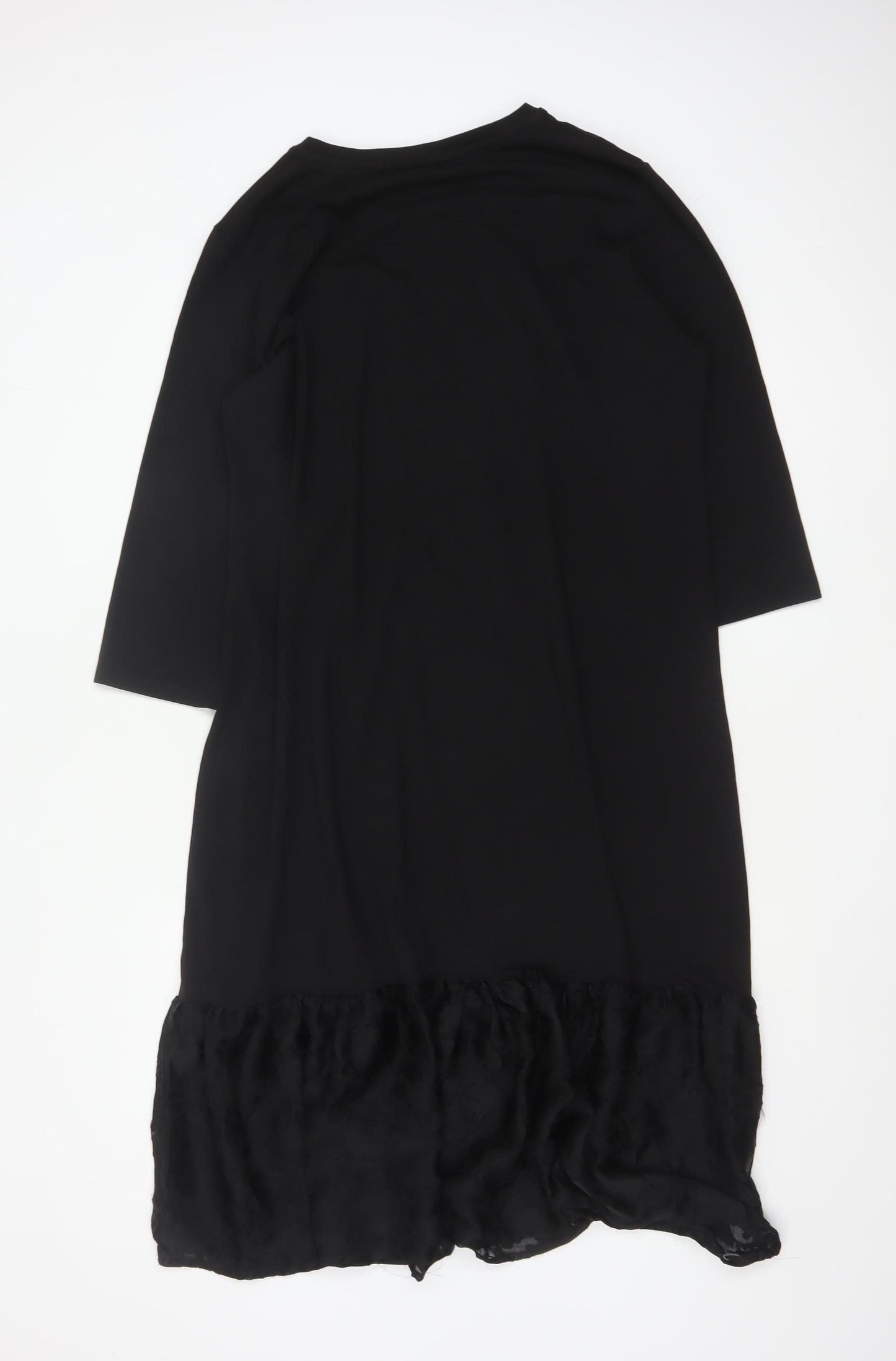 Saint + Sofia Women Black UK 18 Shift Dress Ruffle Hem 3/4 Sleeve