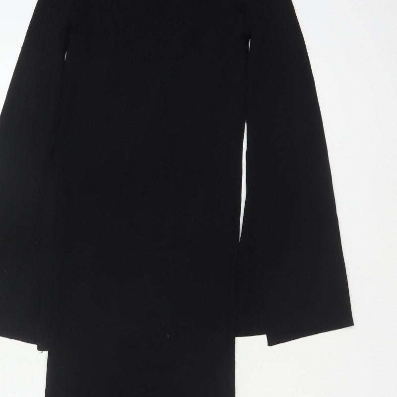 Zara Women Black S Maxi Knit Roll Neck Bell Sleeve Dress