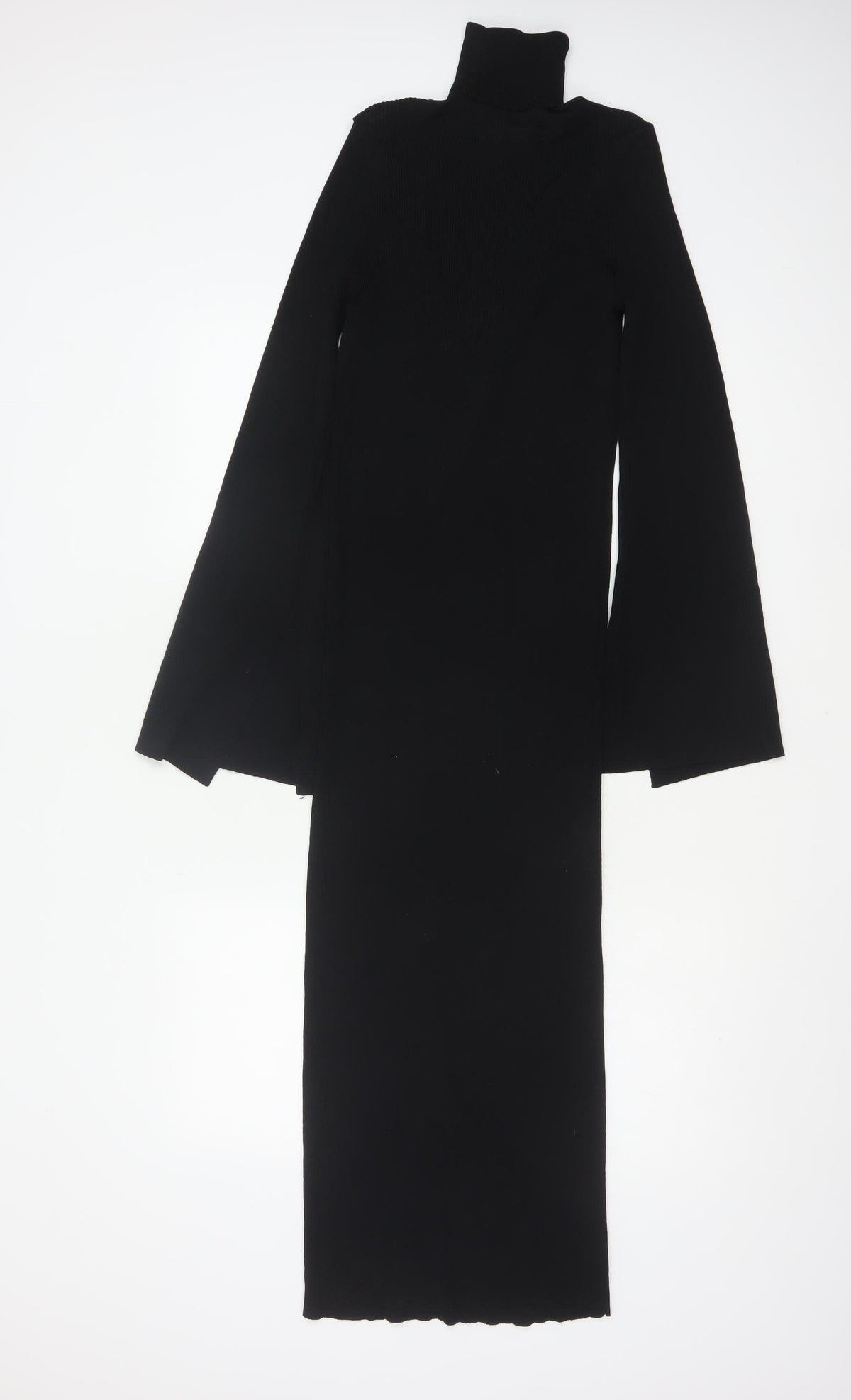 Zara Women Black S Maxi Knit Roll Neck Bell Sleeve Dress