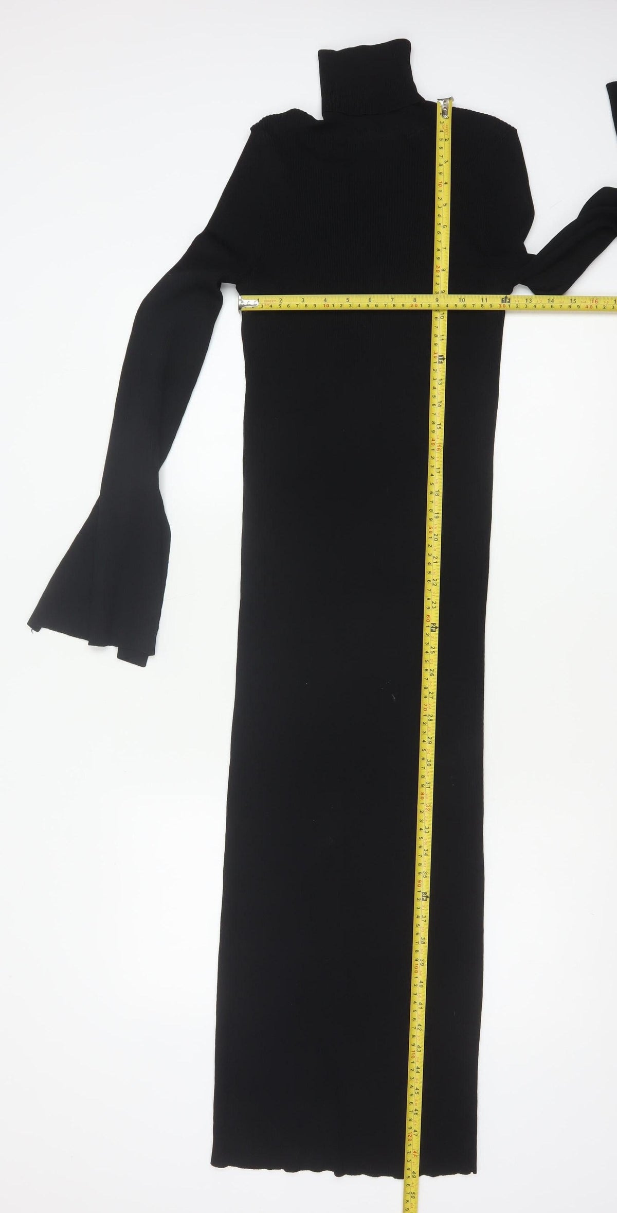 Zara Women Black S Maxi Knit Roll Neck Bell Sleeve Dress
