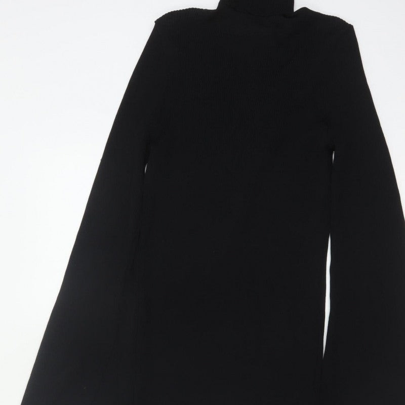 Zara Women Black S Maxi Knit Roll Neck Bell Sleeve Dress