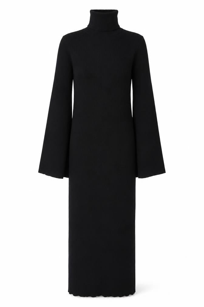 Zara Women Black S Maxi Knit Roll Neck Bell Sleeve Dress