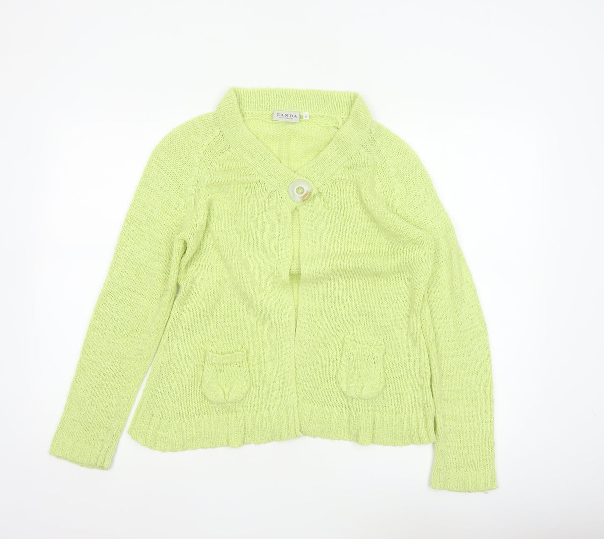 Canda Women Yellow Knit Button Cardigan Size S Collared Pockets