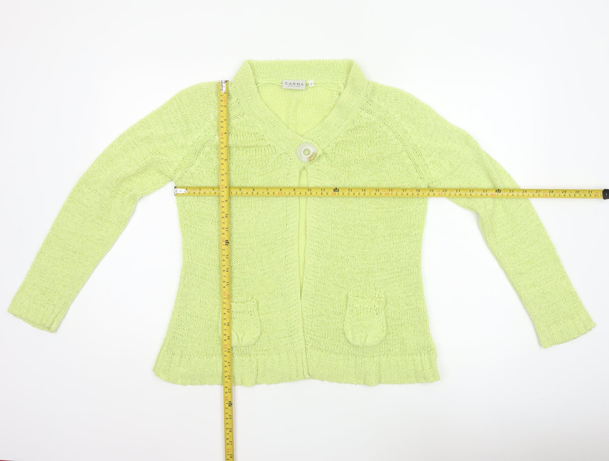 Canda Women Yellow Knit Button Cardigan Size S Collared Pockets