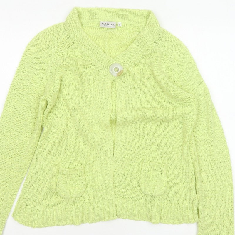 Canda Women Yellow Knit Button Cardigan Size S Collared Pockets