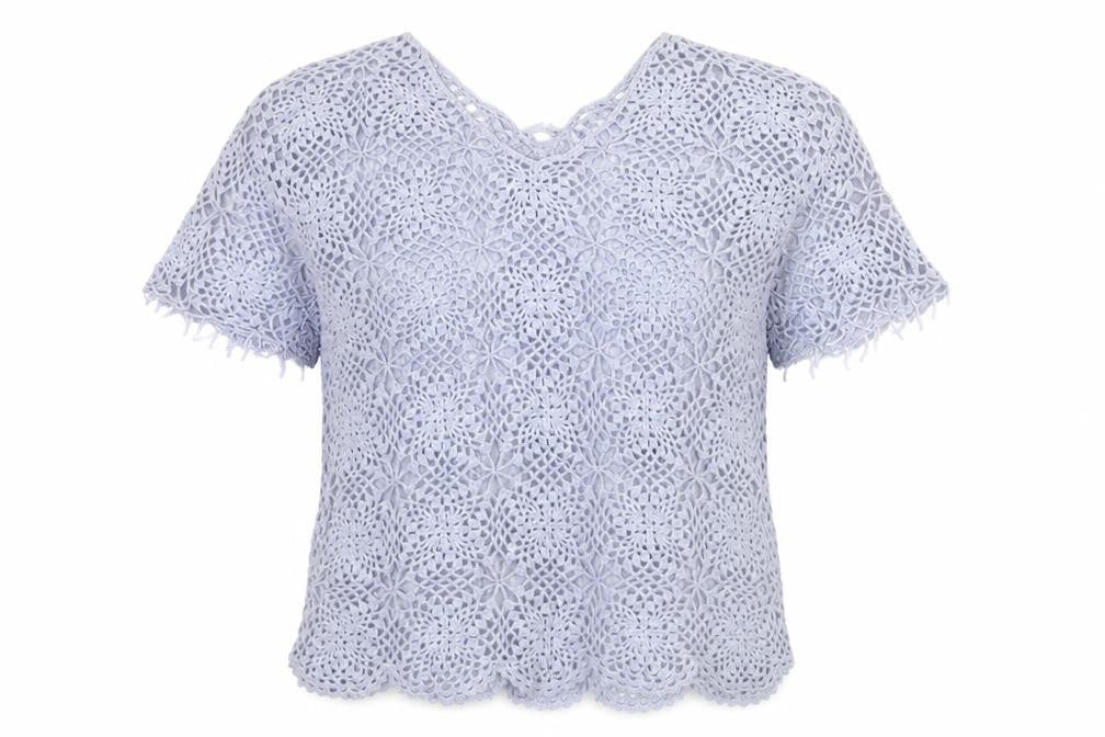 Pure by Together Women Blue UK 14 Cotton Crochet Short Sleeve Blouse
