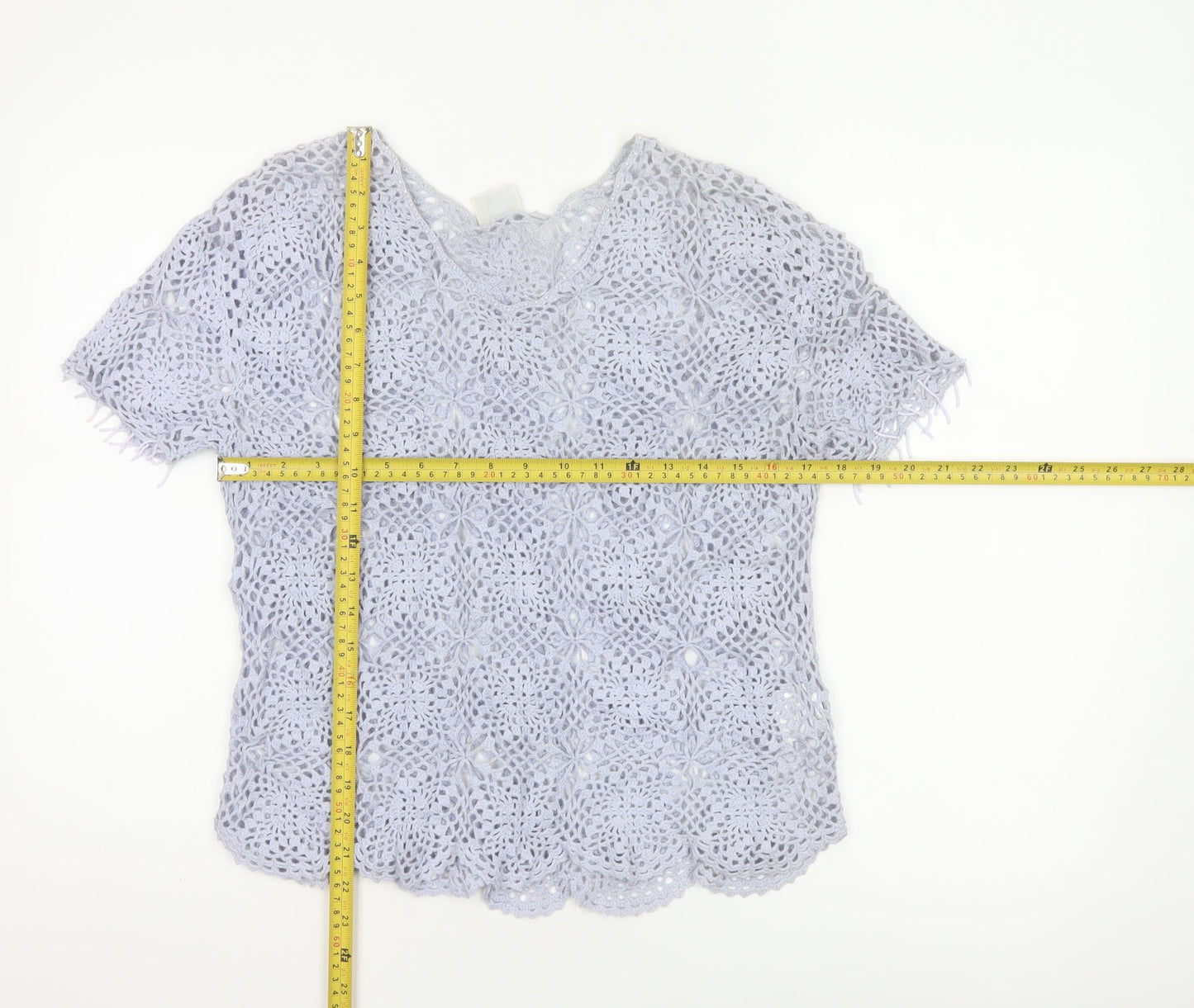 Pure by Together Women Blue UK 14 Cotton Crochet Short Sleeve Blouse
