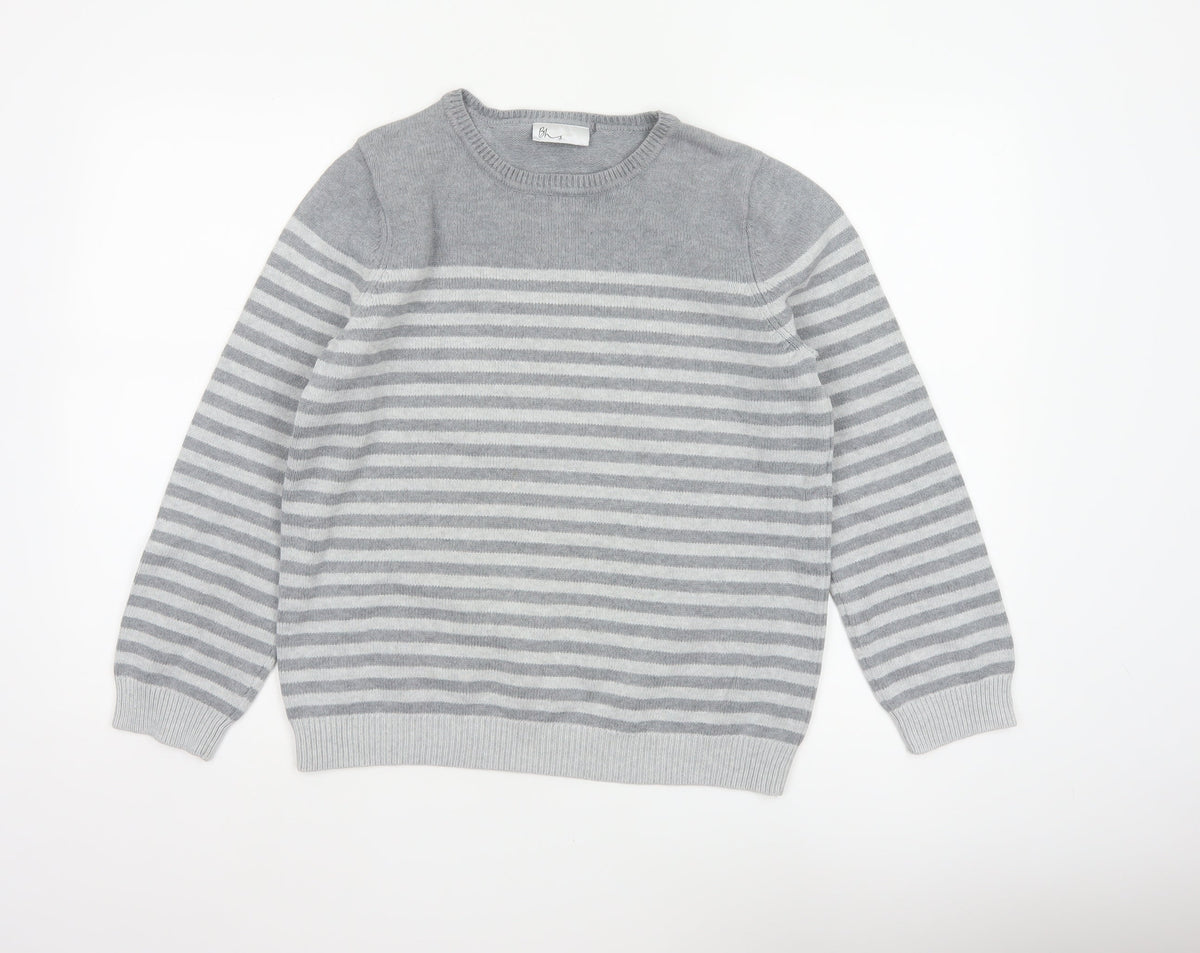 Bhs Women’s Grey White Striped Crew Neck Jumper UK 14 Cotton Knit