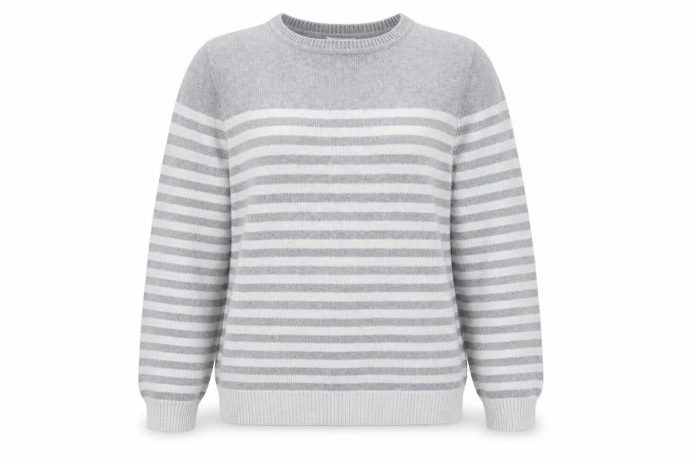 Bhs Women’s Grey White Striped Crew Neck Jumper UK 14 Cotton Knit