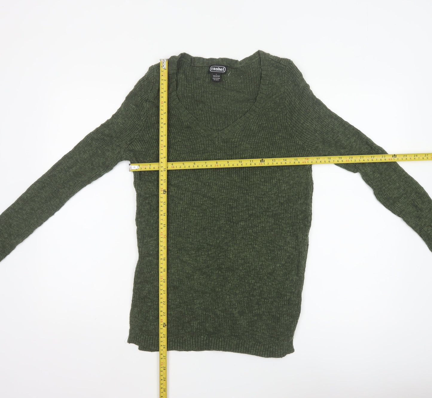 Cashel Women’s Green V-Neck Ribbed Knit Jumper Size L Cotton Blend