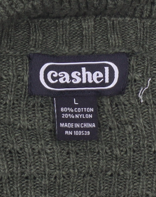 Cashel Women’s Green V-Neck Ribbed Knit Jumper Size L Cotton Blend